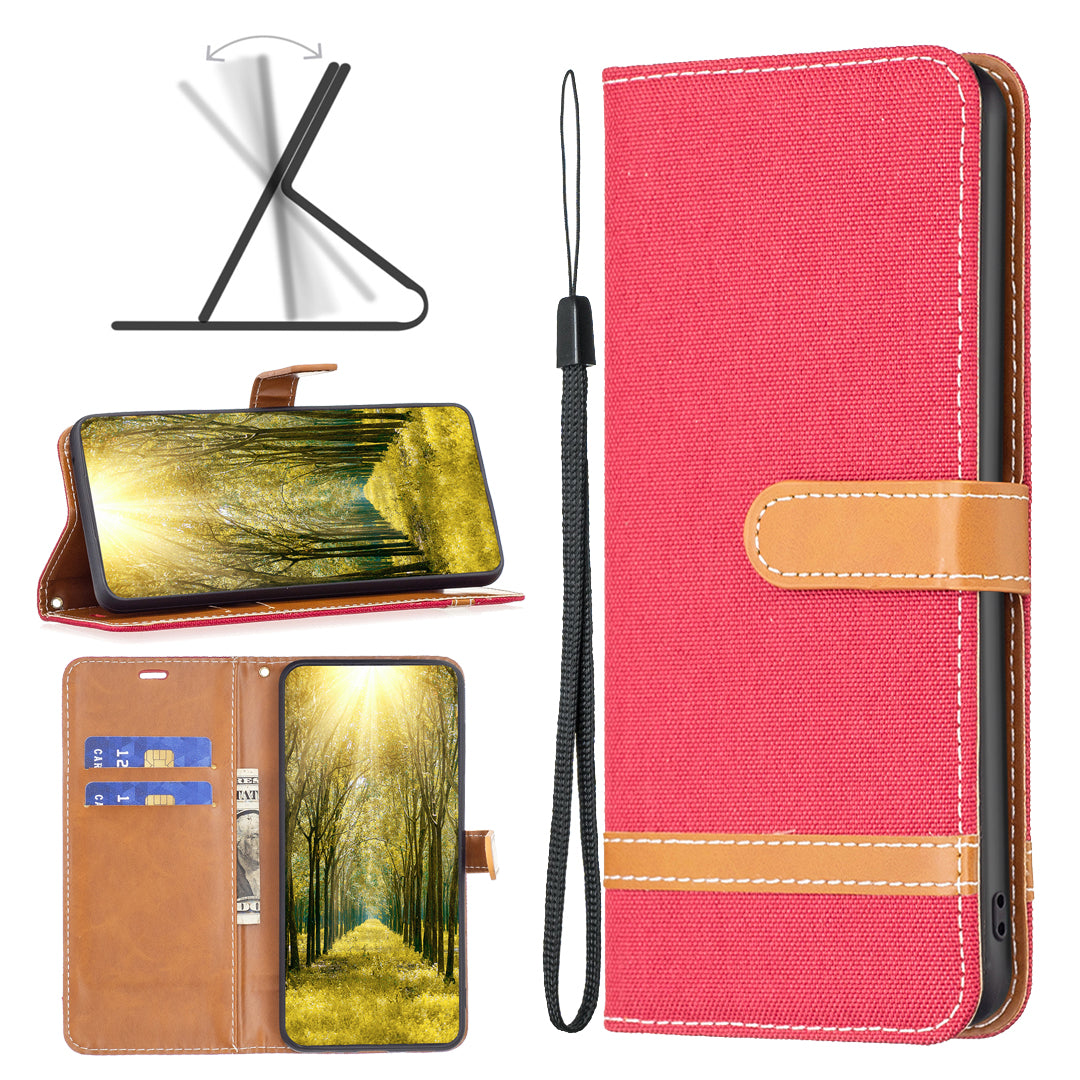 Uniqkart for iPhone 15 Jeans Cloth Splicing PU Leather + TPU Phone Case Wallet Stand Anti-scratch Cover - Red Uniqkart for iPhone 15 Jeans Cloth Splicing PU Leather + TPU Phone Case Wallet Stand Anti-scratch Cover - Red
